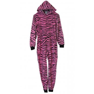 Girls - Pink Zebra Hooded Fleece Onesie with Booties